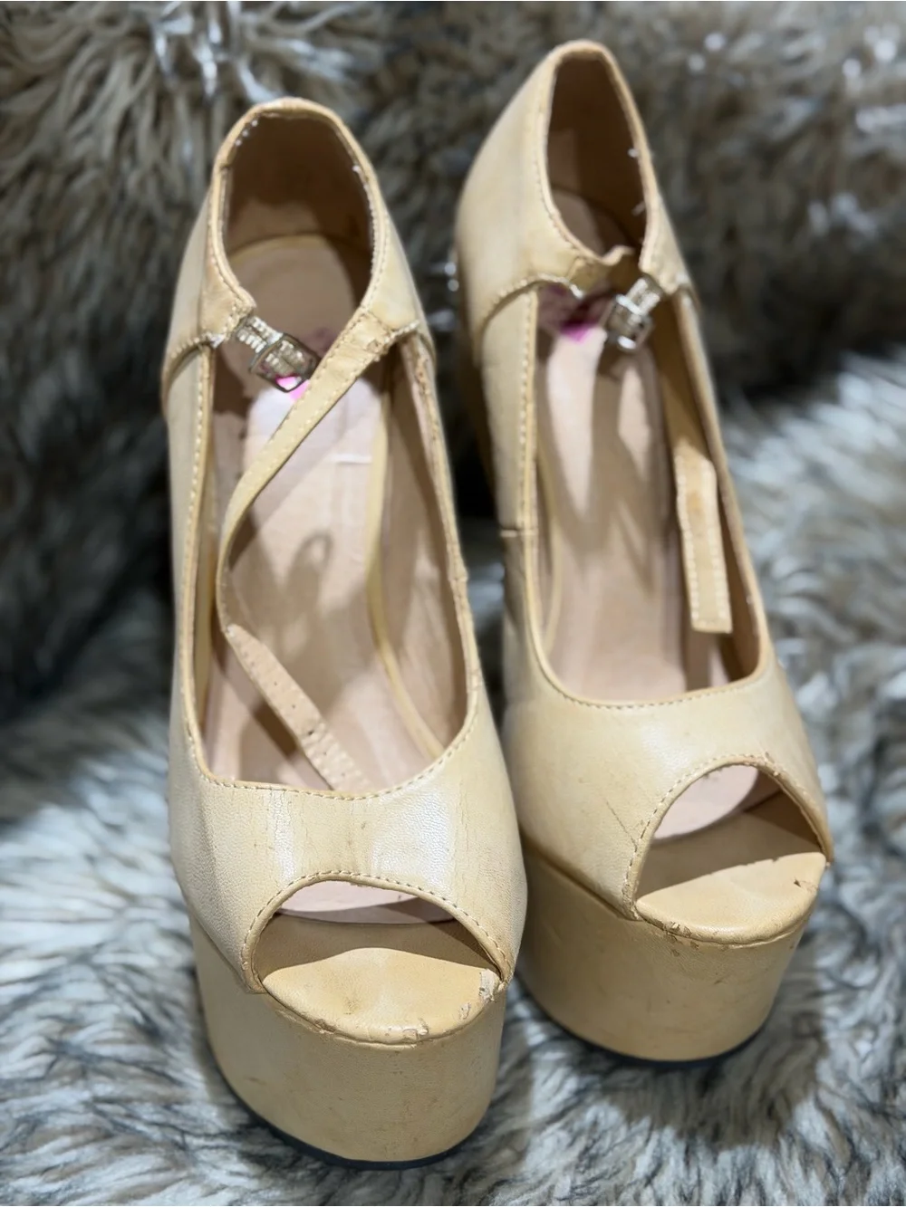 Beige Leather Platform Peep-Toe Heels with Bling Embellished Block Heel